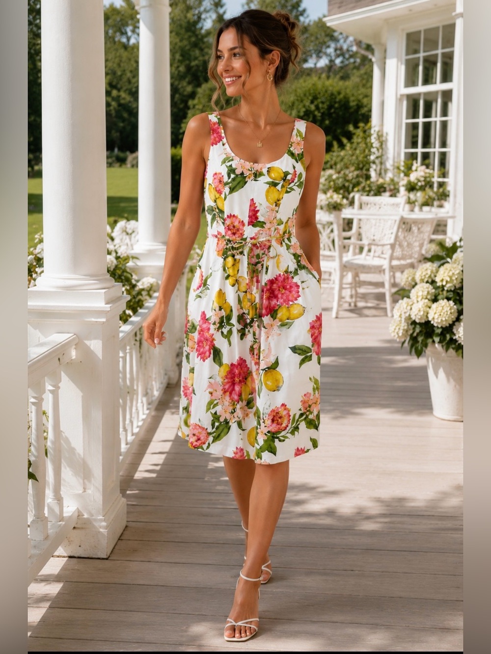 Anne Klein White Lemon Floral Cotton Fit & Flare Dress Pockets Belted Women’s 6